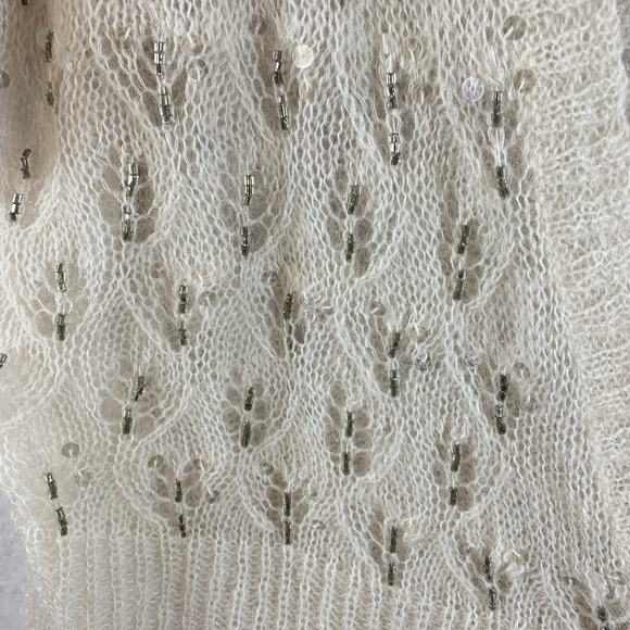Ann Taylor Womens Open Knit Mohair Wool Top Sz L Ivory Beaded Sequin Balletcore - Picture 5 of 14